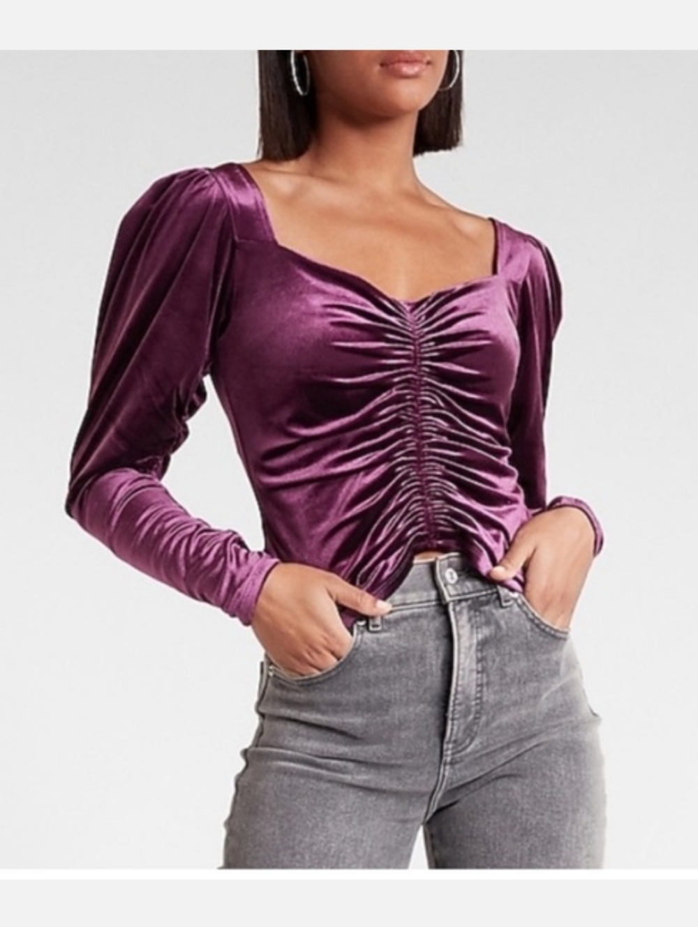 Express Purple Velvet Ruched Puff Sleeve Top Small Sweetheart Neckline Fairy